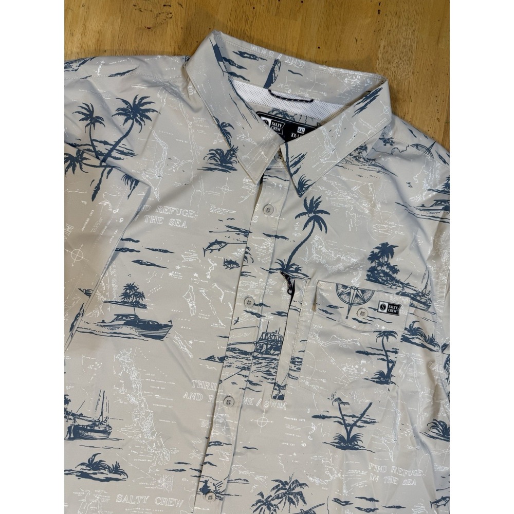 Salty Crew Fishing Shirt XXL Beige Map Print Vented Performance Button Up SS